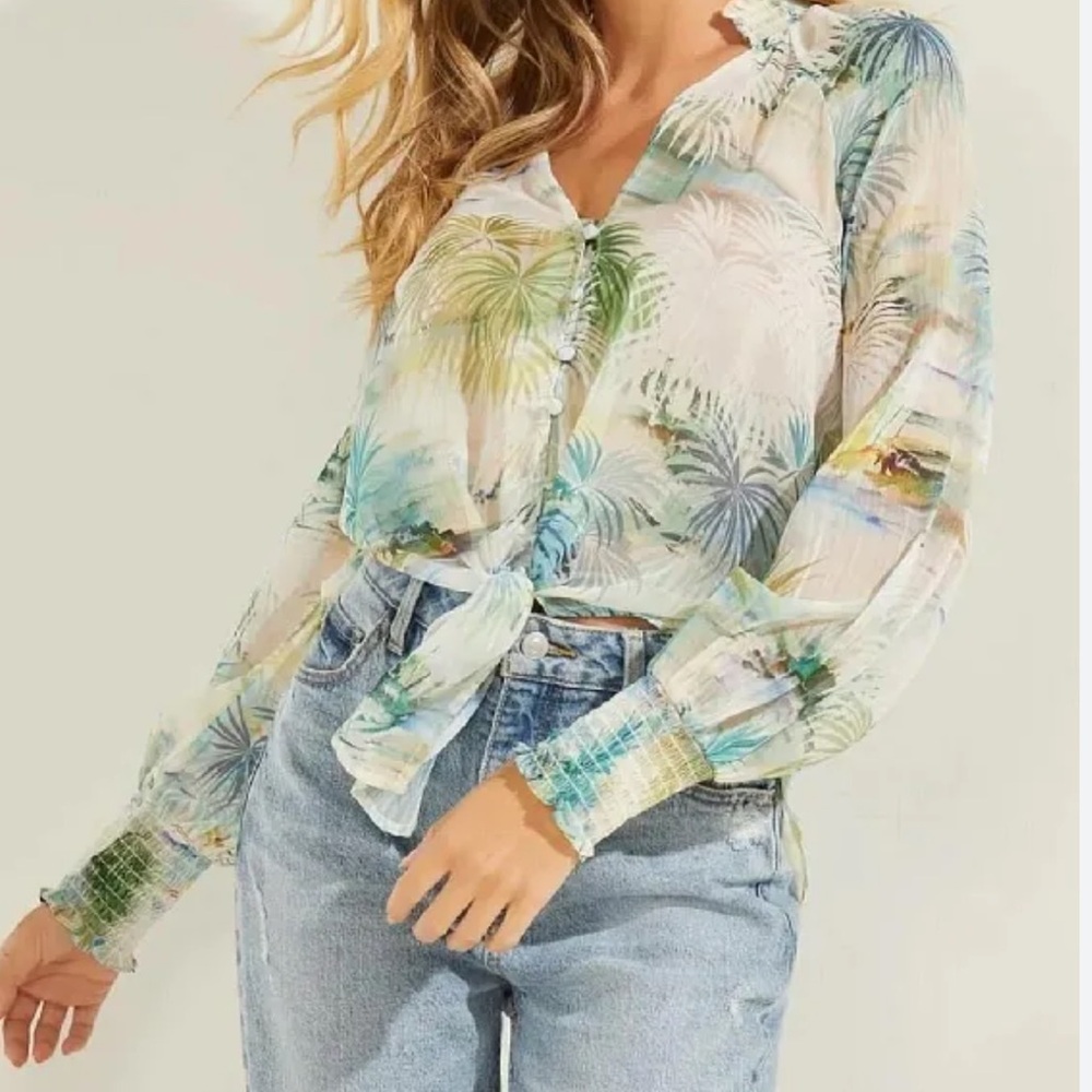 Guess Tropical Toile Print Green Blue Easy Breezy Sheer Tie Up Blouse